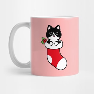 Cute Tuxedo Cat Inside a Christmas Stocking Mug